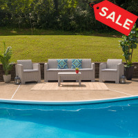 Flash Furniture DAD-SF-113T-CRC-GG 4 Piece Outdoor Faux Rattan Chair, Sofa and Table Set in Light Gray 